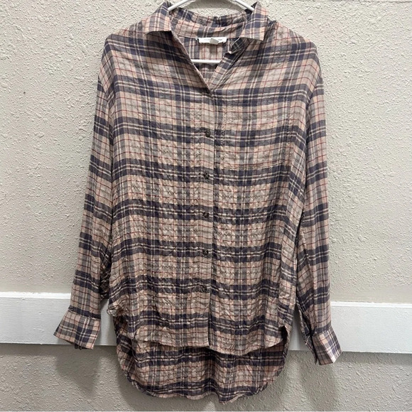 BeachLunchLounge Light Tan Plaid Crinkle Button Down Top S - Picture 1 of 5
